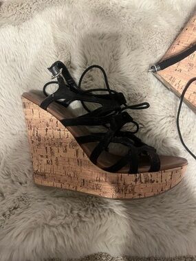 Black Strappy Cork Wedge Sandals - Women's